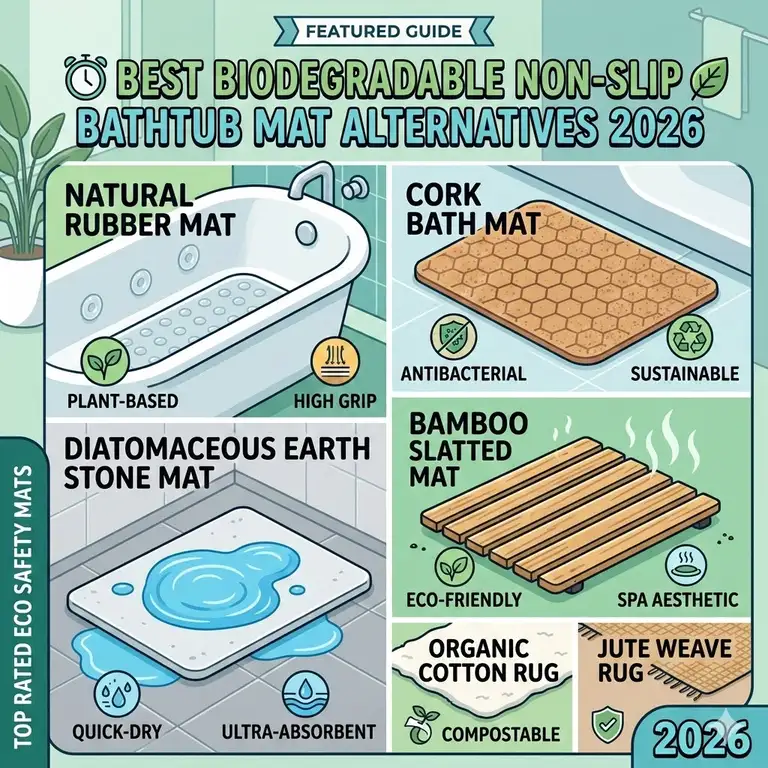 A curated collection of the best biodegradable non-slip bathtub mat alternatives 2026 featuring natural rubber and cork designs in a modern eco-friendly bathroom.