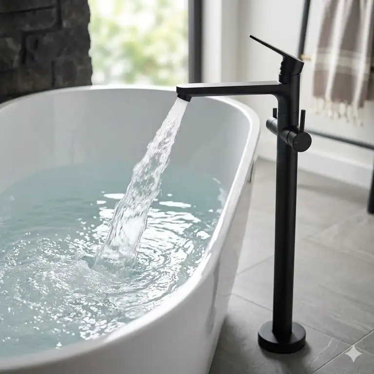 Modern bathroom featuring the best floor mount tub filler with high flow rate 2026 in matte black finish.