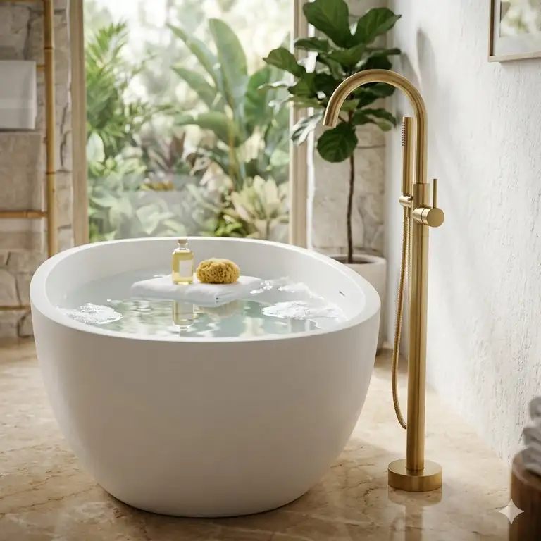 A luxury spa bathroom showcase featuring the latest brushed gold freestanding tub filler trends 2026 with a white stone soaking tub.