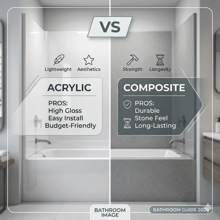 A comprehensive visual guide comparing acrylic vs composite bathtub wall kits pros and cons 2026 for modern bathroom remodeling.