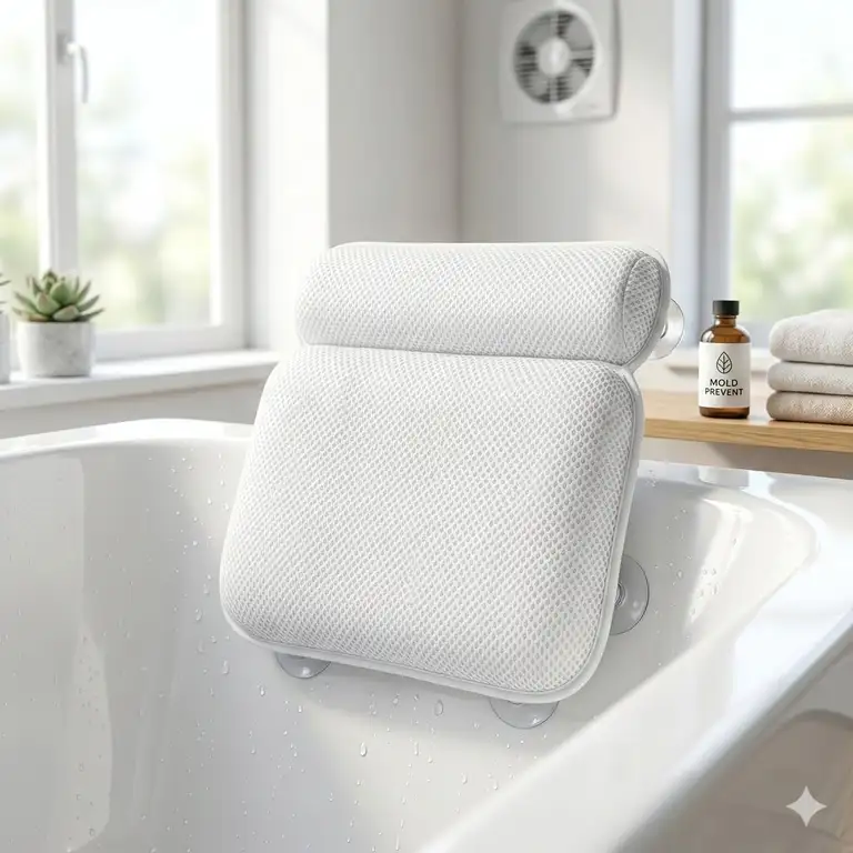 A detailed close-up of a clean mesh bath pillow resting on a modern bathtub, providing visual context for bath pillow mold prevention and cleaning tips 2026.