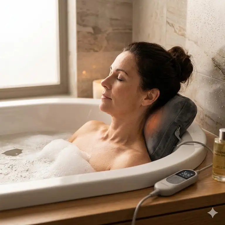 A person relaxing in a spa tub using the premium electric heated bath pillow for muscle pain relief 2026.