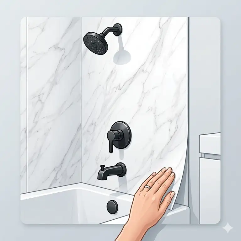 Featured Image: A professional finished bathroom project showing a high-end peel and stick bathtub wall surrounds installation 2026 with marble textures.