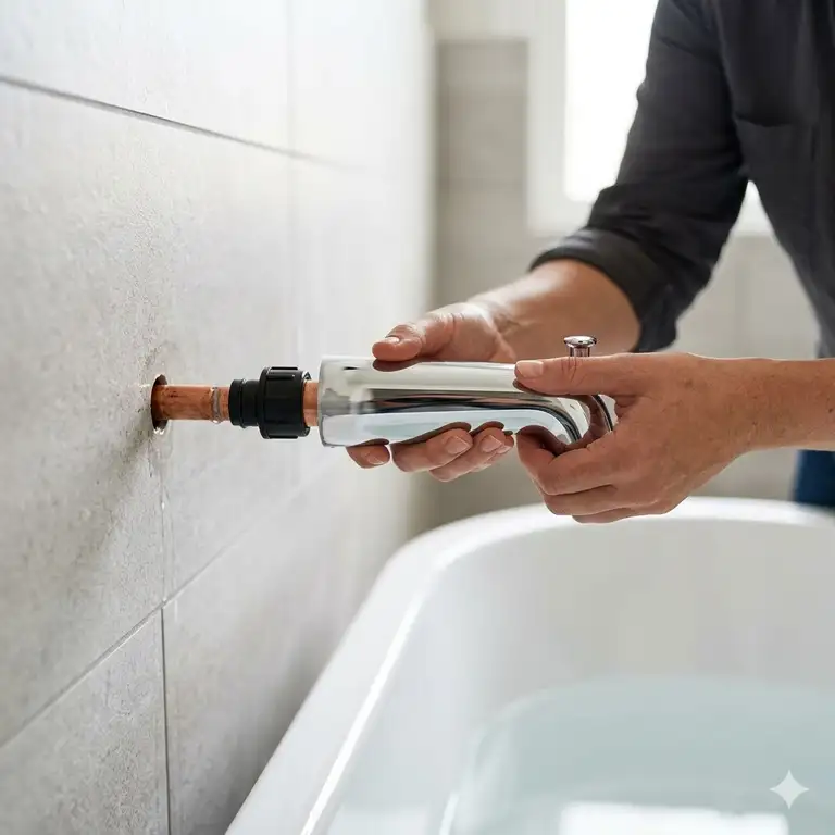 A professional demonstrating a quick connect bathtub faucet installation guide 2026 in a modern bathroom.