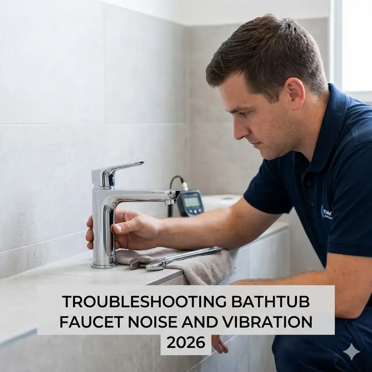 Professional plumber performing troubleshooting bathtub faucet noise and vibration 2026 on a modern fixture.