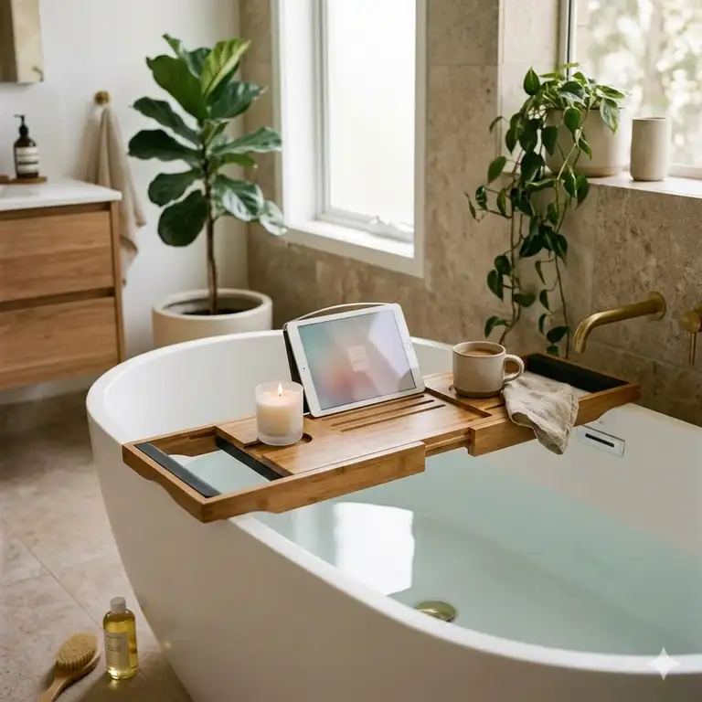 Modern spa-style bathroom featuring premium floating non-slip bathtub tray designs 2026.