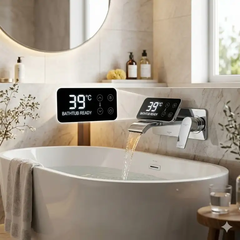 Featured Image: A luxury bathroom setup showcasing the best smart temperature sensing bathtub faucet reviews 2026 with a digital interface.