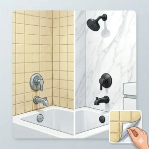 Illustration 1: A side-by-side comparison of an old tile wall and a new peel and stick bathtub wall surrounds installation 2026 in sage green.