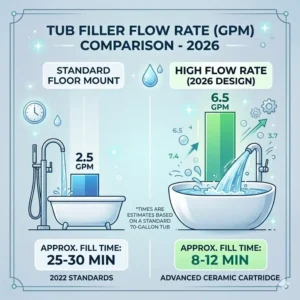 A GPM comparison chart showing why this is the best floor mount tub filler with high flow rate 2026 for large tubs.