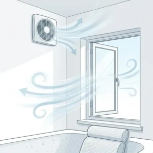 Diagram showing an open window and an exhaust fan, illustrating the importance of bathroom ventilation for bath pillow mold prevention and cleaning tips 2026.