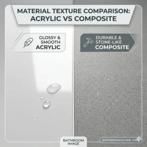 Close-up material texture showing the surface differences of acrylic vs composite bathtub wall kits pros and cons 2026.