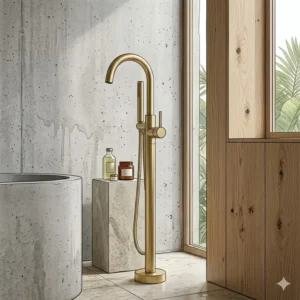 An industrial Japandi bathroom interior highlighting brushed gold freestanding tub filler trends 2026 against raw concrete and oak wood.