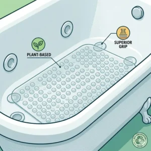Close-up of a 100% natural rubber option, one of the best biodegradable non-slip bathtub mat alternatives 2026, with suction cups for superior grip inside a white ceramic tub.
