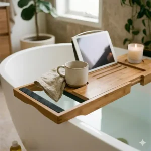 Eco-friendly bamboo material used in floating non-slip bathtub tray designs 2026.