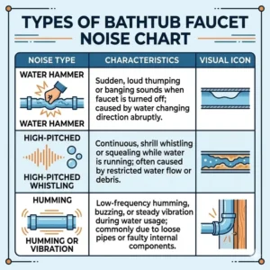 A detailed chart for troubleshooting bathtub faucet noise and vibration 2026 by identifying specific sounds.