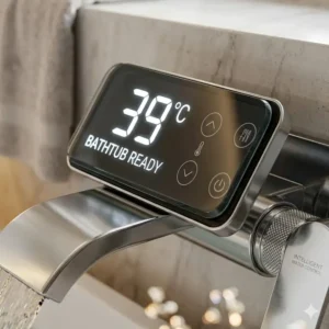 Illustration 1: Close-up of the LED screen from the smart temperature sensing bathtub faucet reviews 2026 showing 39 degrees Celsius.