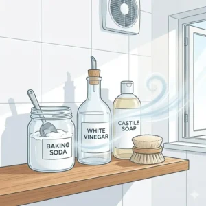 Close-up of cleaning a bath pillow with vinegar and baking soda, demonstrating natural methods from bath pillow mold prevention and cleaning tips 2026