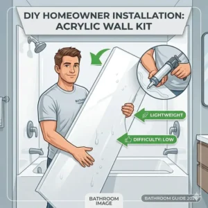 DIY installation process showing the handling of acrylic vs composite bathtub wall kits pros and cons 2026 in a residential bathroom.