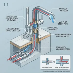 Technical cut-away diagram of the valve used in the best floor mount tub filler with high flow rate 2026.