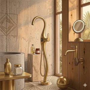 Retro future aesthetic bathroom with curved fixtures following the brushed gold freestanding tub filler trends 2026 movement.