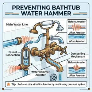 Diagram showing water hammer arrester installation for troubleshooting bathtub faucet noise and vibration 2026.