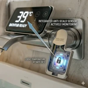 Illustration 2: Internal anti-scald technology featured in the smart temperature sensing bathtub faucet reviews 2026 for family safety.