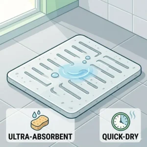 A sleek diatomaceous earth bath stone mat, a popular quick-dry choice within the best biodegradable non-slip bathtub mat alternatives 2026, absorbing water instantly on a grey tiled floor.
