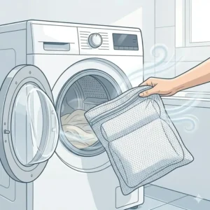 Infographic depicting the correct machine washing cycle for mesh pillows, following the expert-recommended bath pillow mold prevention and cleaning tips 2026.