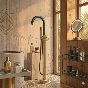 Contemporary mixed metal design style incorporating brushed gold freestanding tub filler trends 2026 with matte black accents.