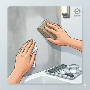 Illustration 3: Homeowner cleaning the bathroom surface to ensure a perfect peel and stick bathtub wall surrounds installation 2026.