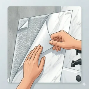 Illustration 4: Detail of the heavy-duty adhesive backing being removed during a peel and stick bathtub wall surrounds installation 2026.