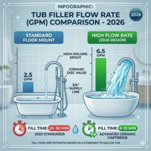 Available luxury finishes for the best floor mount tub filler with high flow rate 2026 including gold and nickel.