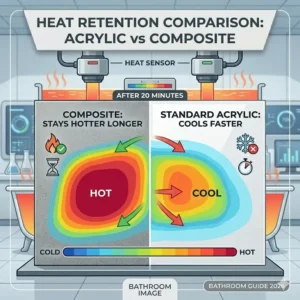 Thermal infographic illustrating heat retention data for acrylic vs composite bathtub wall kits pros and cons 2026.