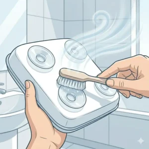 Detailed view of cleaning under the suction cups, a critical step often missed but detailed in bath pillow mold prevention and cleaning tips 2026.