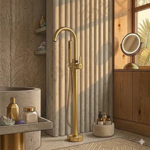 Sensory wellness bathroom design focusing on tactile surfaces and brushed gold freestanding tub filler trends 2026 hardware.