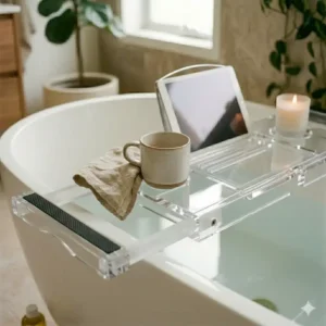 Transparent acrylic luxury aesthetic for floating non-slip bathtub tray designs 2026.