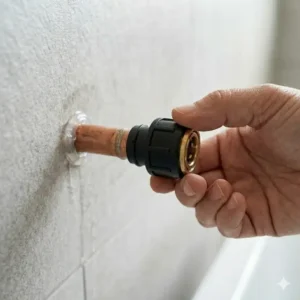 Sliding the adapter onto the pipe as shown in the quick connect bathtub faucet installation guide 2026.