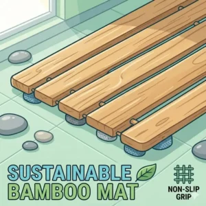A minimalist bamboo slatted bath mat with recycled rubber feet, perfect for a spa aesthetic and listed in the best biodegradable non-slip bathtub mat alternatives 2026.