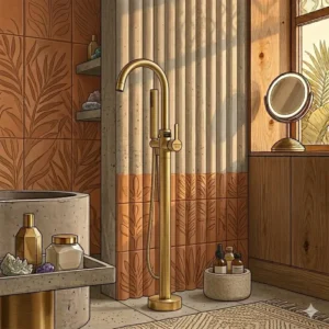 Earthy terracotta and sage bathroom palette paired perfectly with brushed gold freestanding tub filler trends 2026 styles.