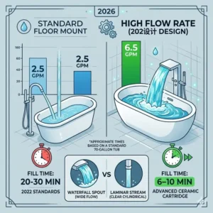 Using the integrated hand shower on the best floor mount tub filler with high flow rate 2026 for easy rinsing.