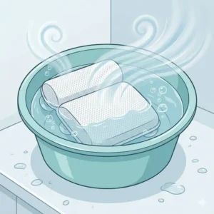 Graphic illustrating the soaking method for removing stubborn stains and odors, an advanced step in bath pillow mold prevention and cleaning tips 2026.