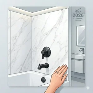 Illustration 5: Using bright glossy panels for a peel and stick bathtub wall surrounds installation 2026 to brighten a small bathroom space.