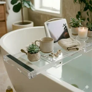 Biophilic bathroom styling with plants and floating non-slip bathtub tray designs 2026.
