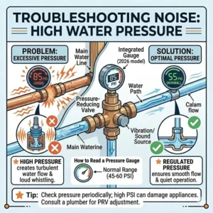 Using a pressure gauge while troubleshooting bathtub faucet noise and vibration 2026 to detect high PSI.