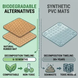 An infographic comparing the decomposition rates of natural materials versus PVC plastic, showcasing the environmental benefits of the best biodegradable non-slip bathtub mat alternatives 2026.