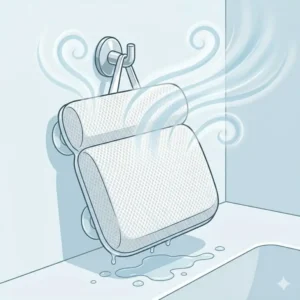 Image showing a bath pillow hanging to dry from a shower hook, demonstrating the best drying practices for bath pillow mold prevention and cleaning tips 2026.