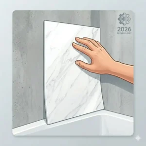 Illustration 6: Demonstrating the ease of a DIY peel and stick bathtub wall surrounds installation 2026 without using professional power tools.
