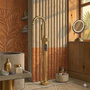 Smart home integration in a modern bathroom featuring high-tech brushed gold freestanding tub filler trends 2026 with digital controls.