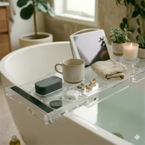 Integrated tablet holder and tech storage in floating non-slip bathtub tray designs 2026.