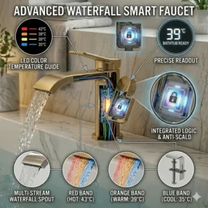 Illustration 6: Waterfall flow and color-changing LED indicators as seen in smart temperature sensing bathtub faucet reviews 2026.